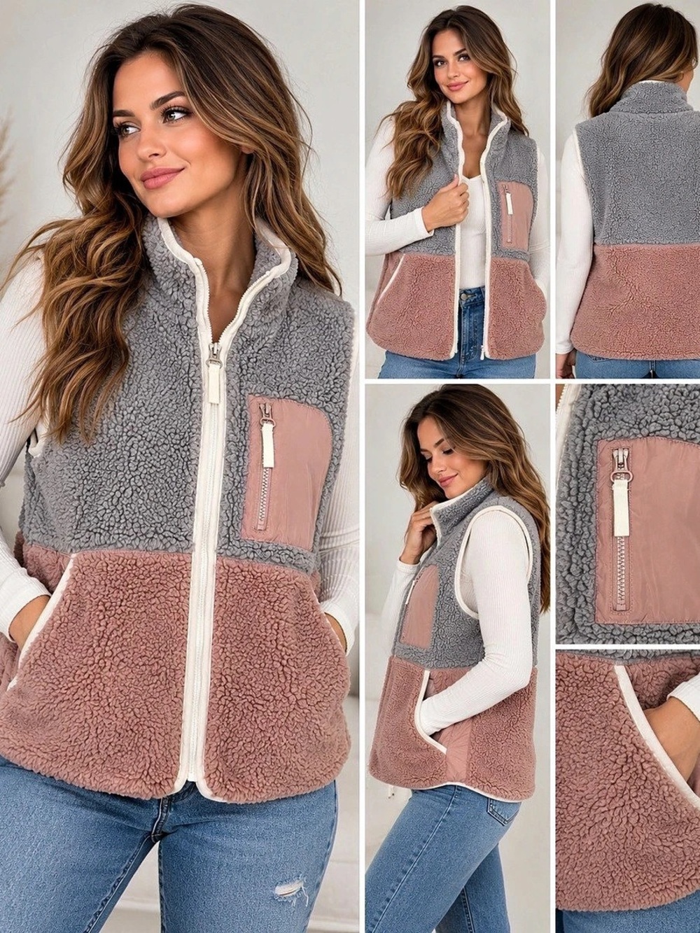 Maurices Color Block Fleece Vest in Pink & Gray Large